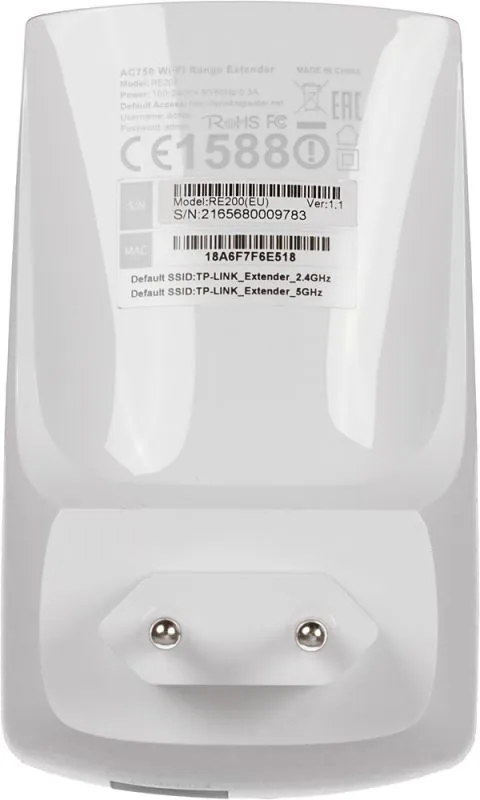 TP-Link RE200, AC750 Усилитель Wi-Fi сигнала, до 300 Мбит/с на 2,4 ГГц + до 433 Мбит/с на 5 ГГц, 3 встр.антенны, 1x10/100 Мбит/с, подключение к настенной розетке